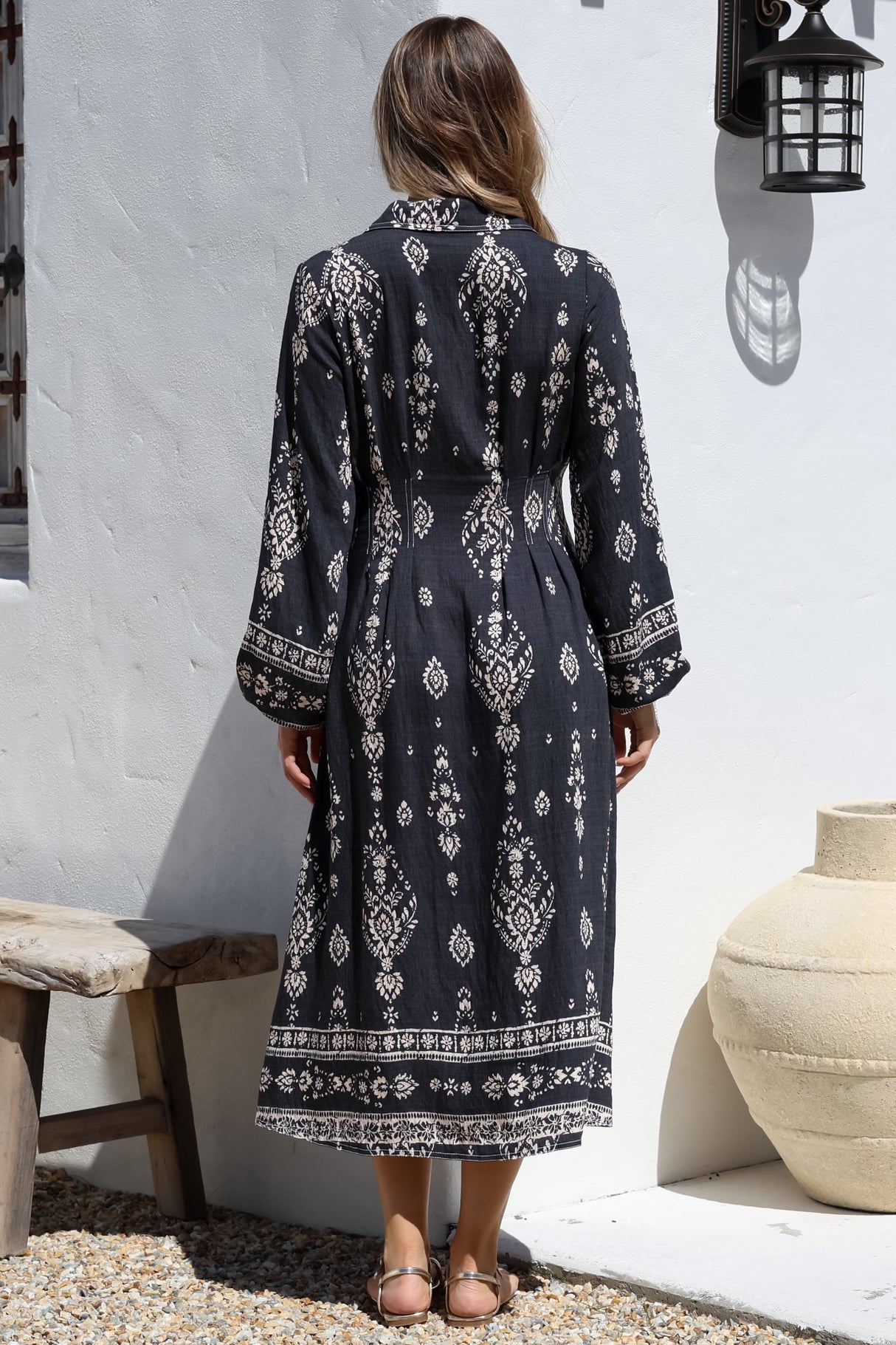 Adalyn Midi Dress - Collared A Line Dress with Cinched Waistline and Contrast Stitching in Varly Print Black