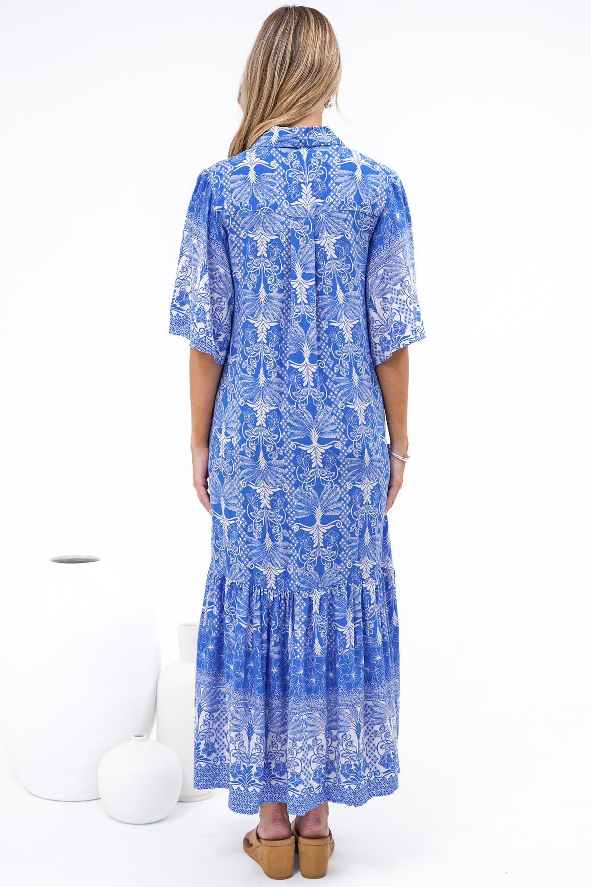 Addax Midi Dress - Collared Button Down Dress with Bell Sleeves and Ruffle Hem in Melina Print