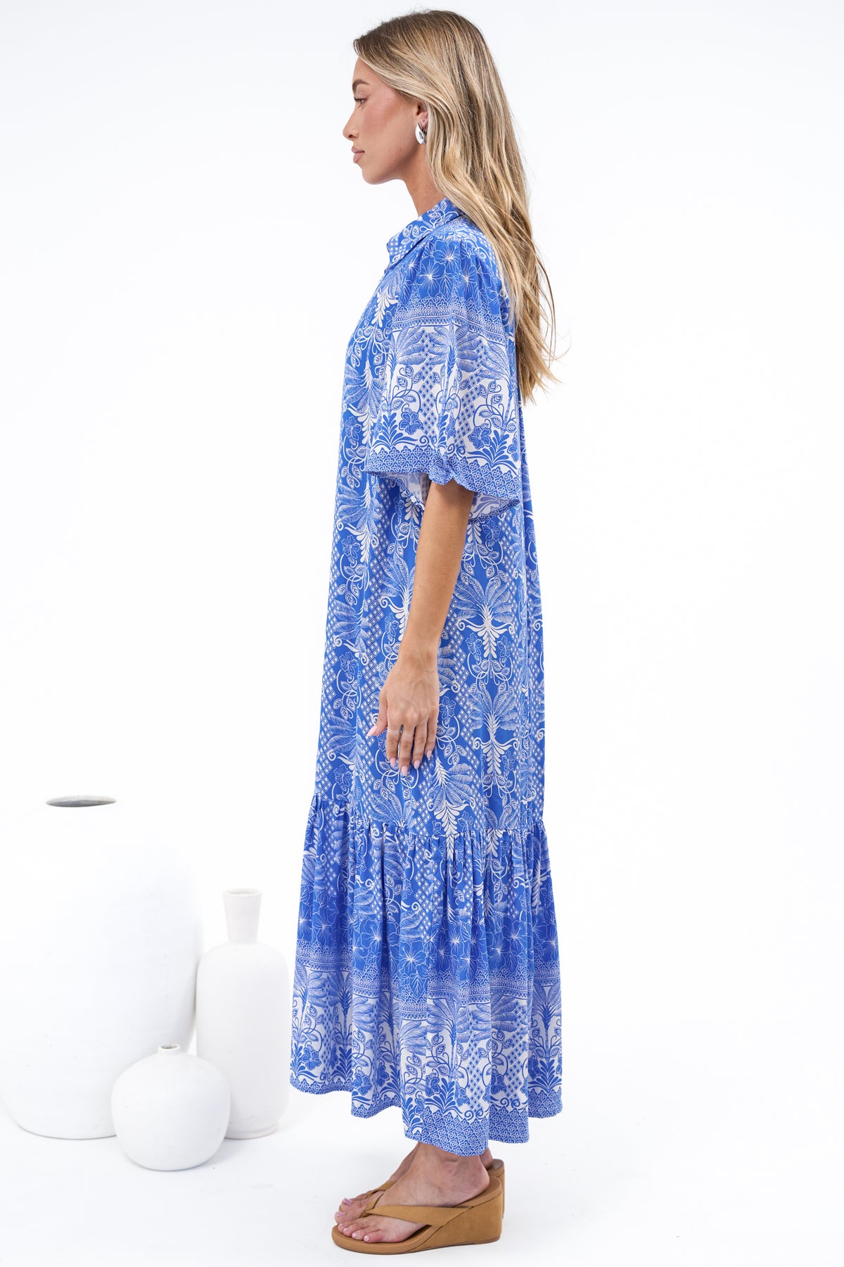 Addax Midi Dress - Collared Button Down Dress with Bell Sleeves and Ruffle Hem in Melina Print