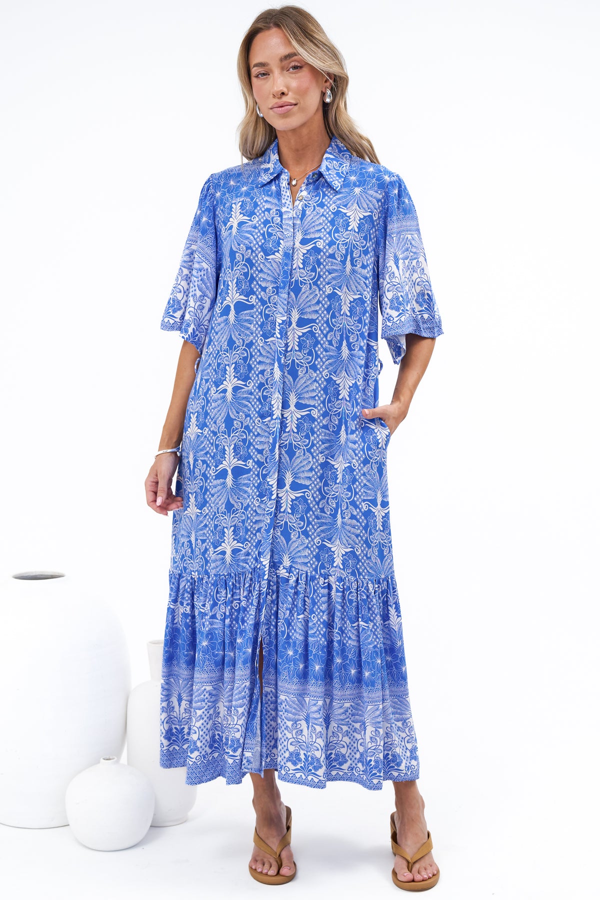 Addax Midi Dress - Collared Button Down Dress with Bell Sleeves and Ruffle Hem in Melina Print