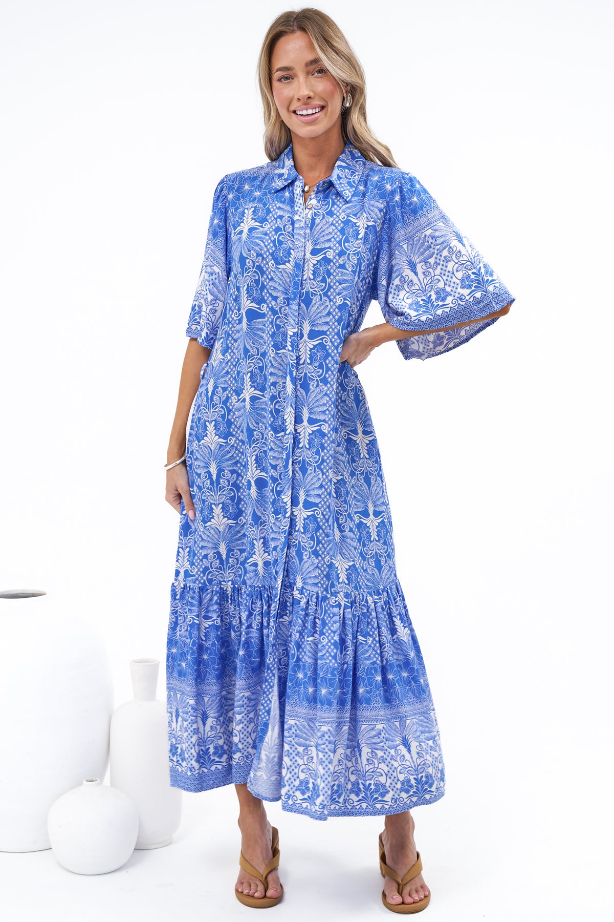 Addax Midi Dress - Collared Button Down Dress with Bell Sleeves and Ruffle Hem in Melina Print