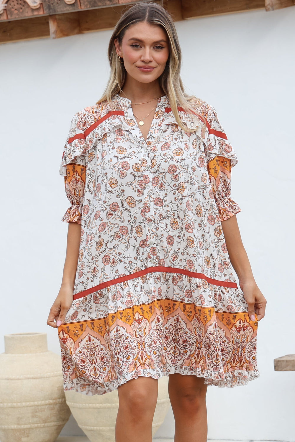 JAASE - Addy Mini Dress: Statement Balloon Sleeve Button Down Dress in Quincy Print