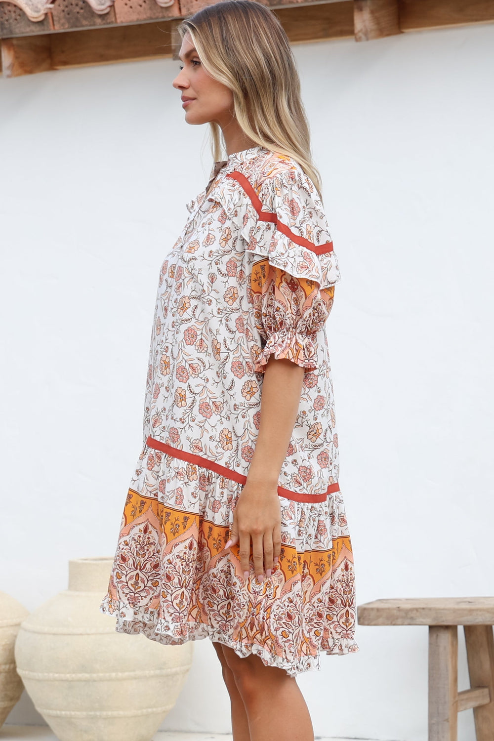 JAASE - Addy Mini Dress: Statement Balloon Sleeve Button Down Dress in Quincy Print
