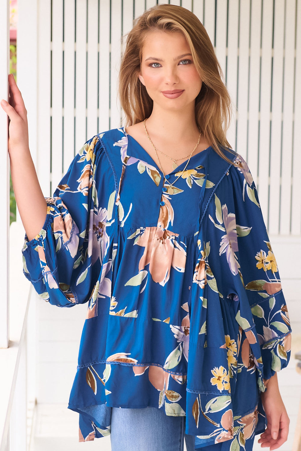 JAASE - Adela Blouse: Lace Detailed Oversized Blouse in Georgia Blue Print