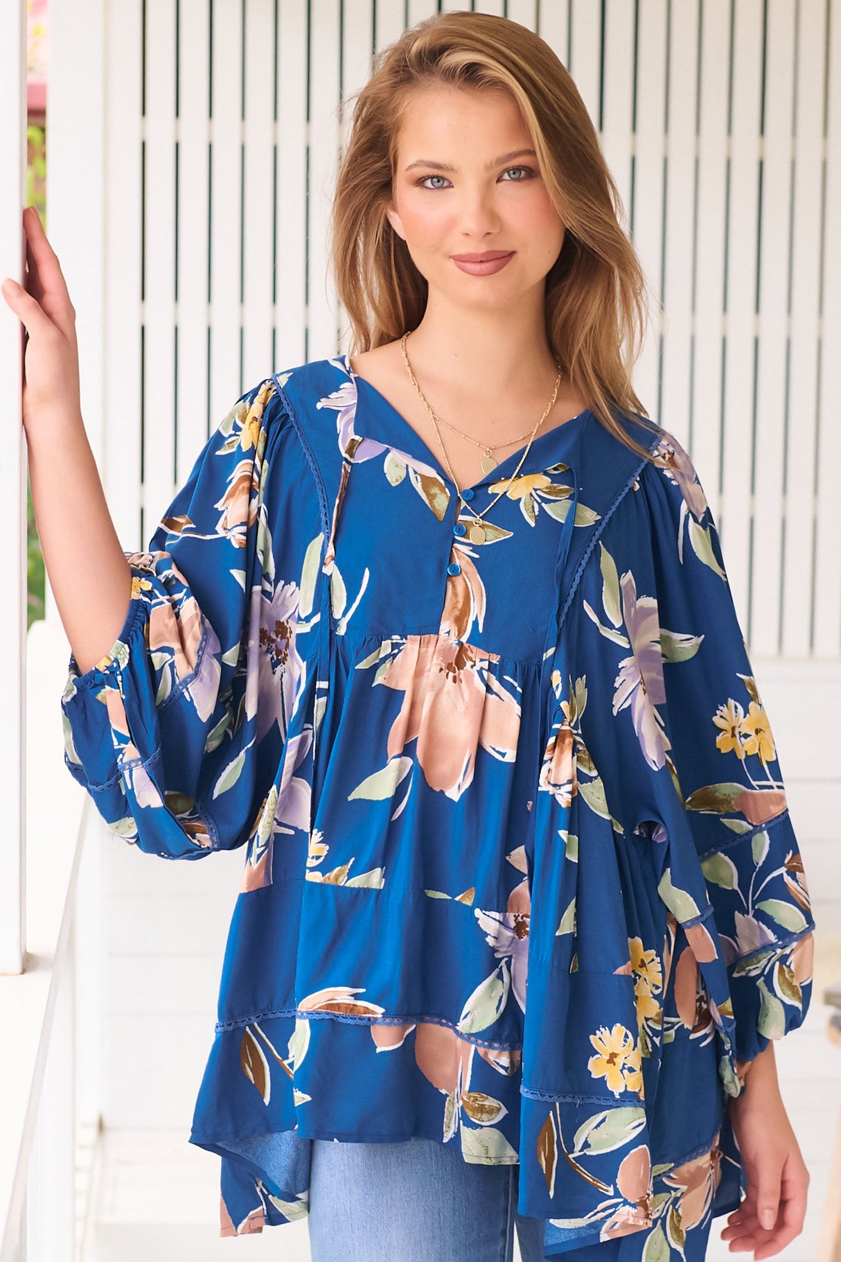 JAASE - Adela Blouse: Lace Detailed Oversized Blouse in Georgia Blue Print