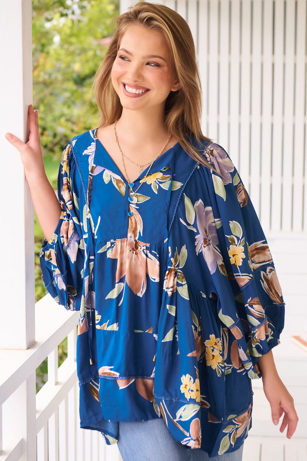JAASE - Adela Blouse: Lace Detailed Oversized Blouse in Georgia Blue Print