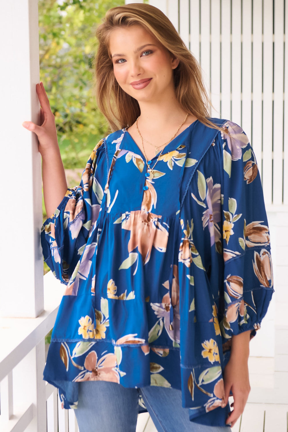 JAASE - Adela Blouse: Lace Detailed Oversized Blouse in Georgia Blue Print