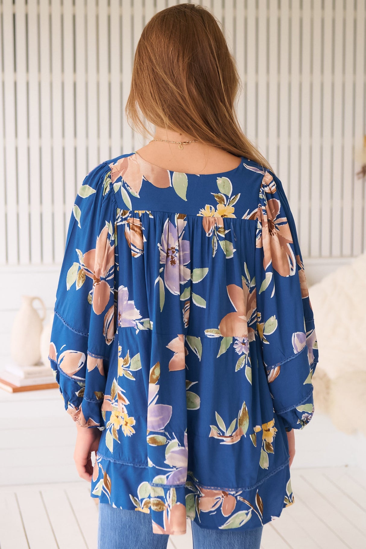 JAASE - Adela Blouse: Lace Detailed Oversized Blouse in Georgia Blue Print