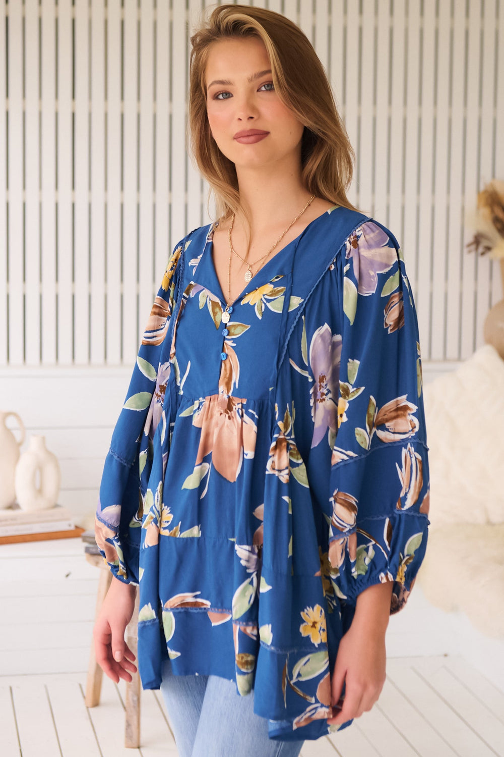 JAASE - Adela Blouse: Lace Detailed Oversized Blouse in Georgia Blue Print