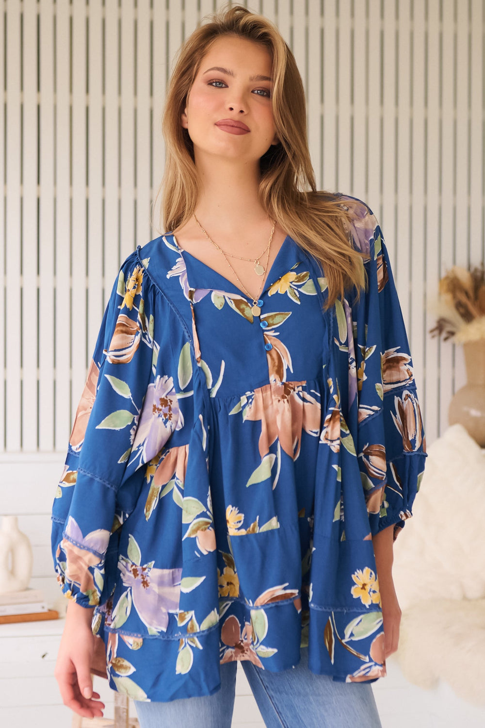 JAASE - Adela Blouse: Lace Detailed Oversized Blouse in Georgia Blue Print