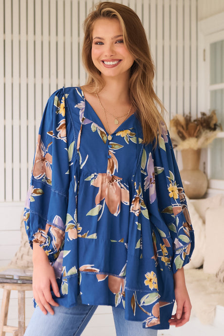 JAASE - Adela Blouse: Lace Detailed Oversized Blouse in Georgia Blue Print