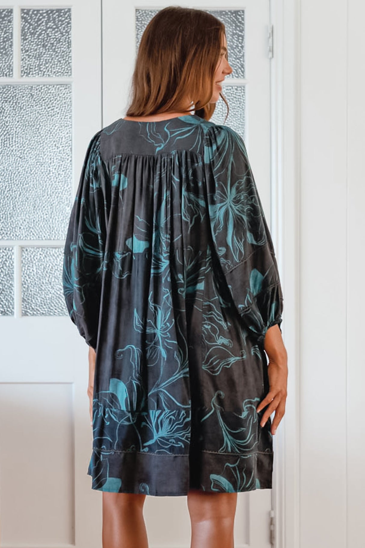 JAASE - Adela Mini Dress: Oversized Smock Dress with Batwing Sleeves in Midnight Lilly Print