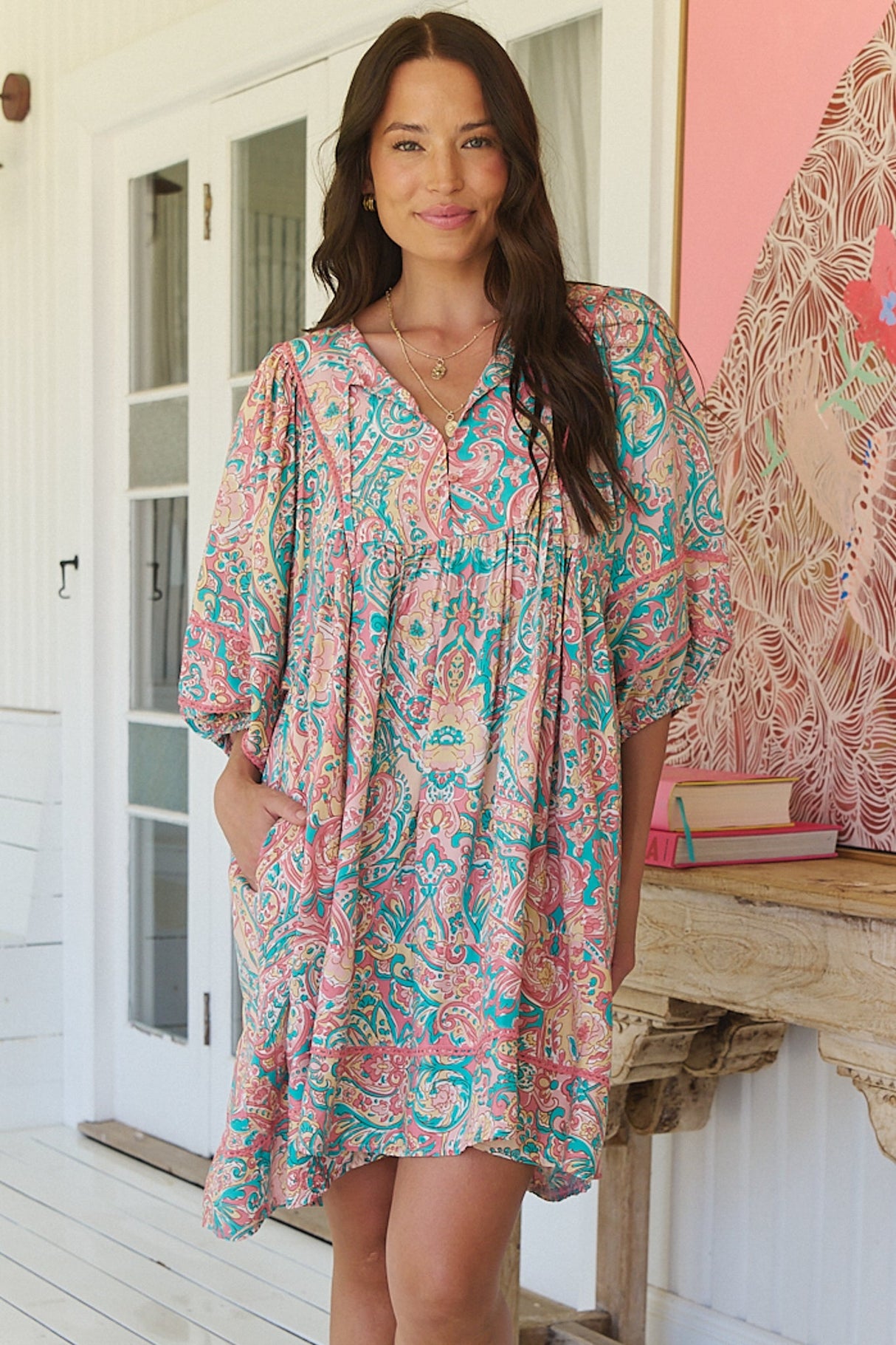 JAASE - Adela Mini Dress: Oversized Smock Dress with Batwing Sleeves in Ocean Lullaby Print