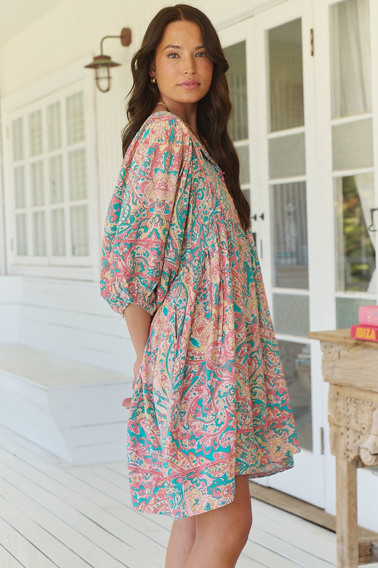 JAASE - Adela Mini Dress: Oversized Smock Dress with Batwing Sleeves in Ocean Lullaby Print
