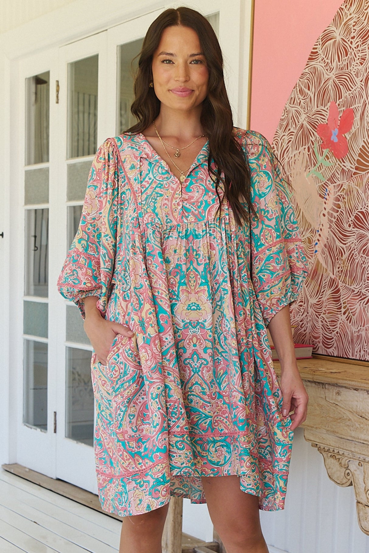 JAASE - Adela Mini Dress: Oversized Smock Dress with Batwing Sleeves in Ocean Lullaby Print