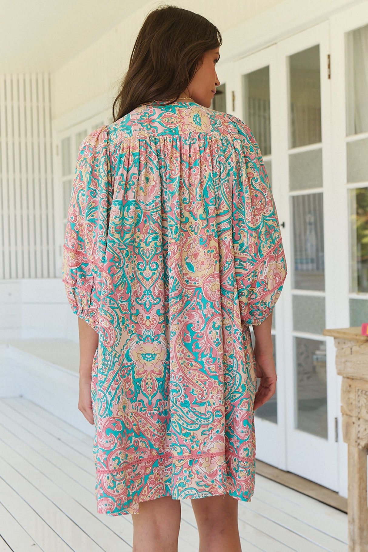 JAASE - Adela Mini Dress: Oversized Smock Dress with Batwing Sleeves in Ocean Lullaby Print