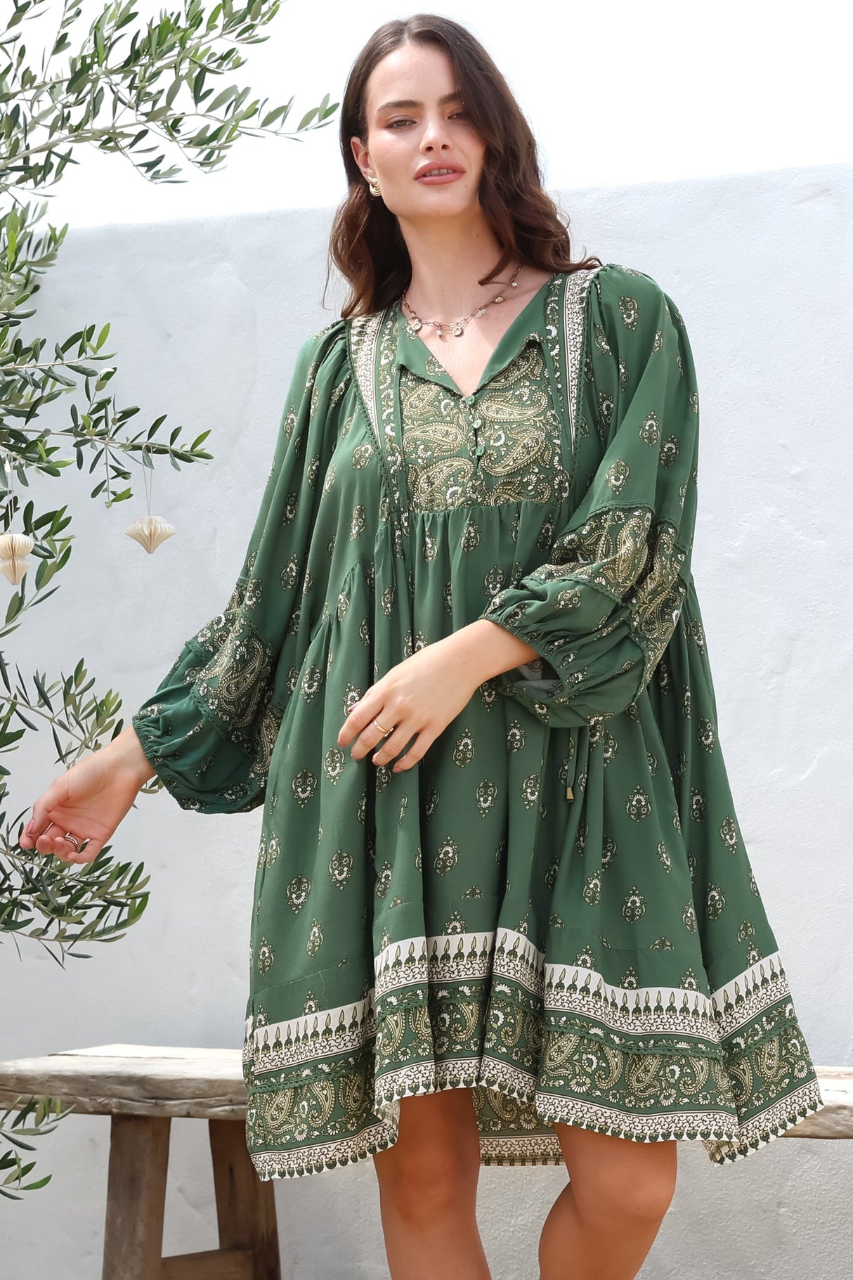 Adela Mini Dress - Oversized Smock Dress with Batwing Sleeves in Viridian Print