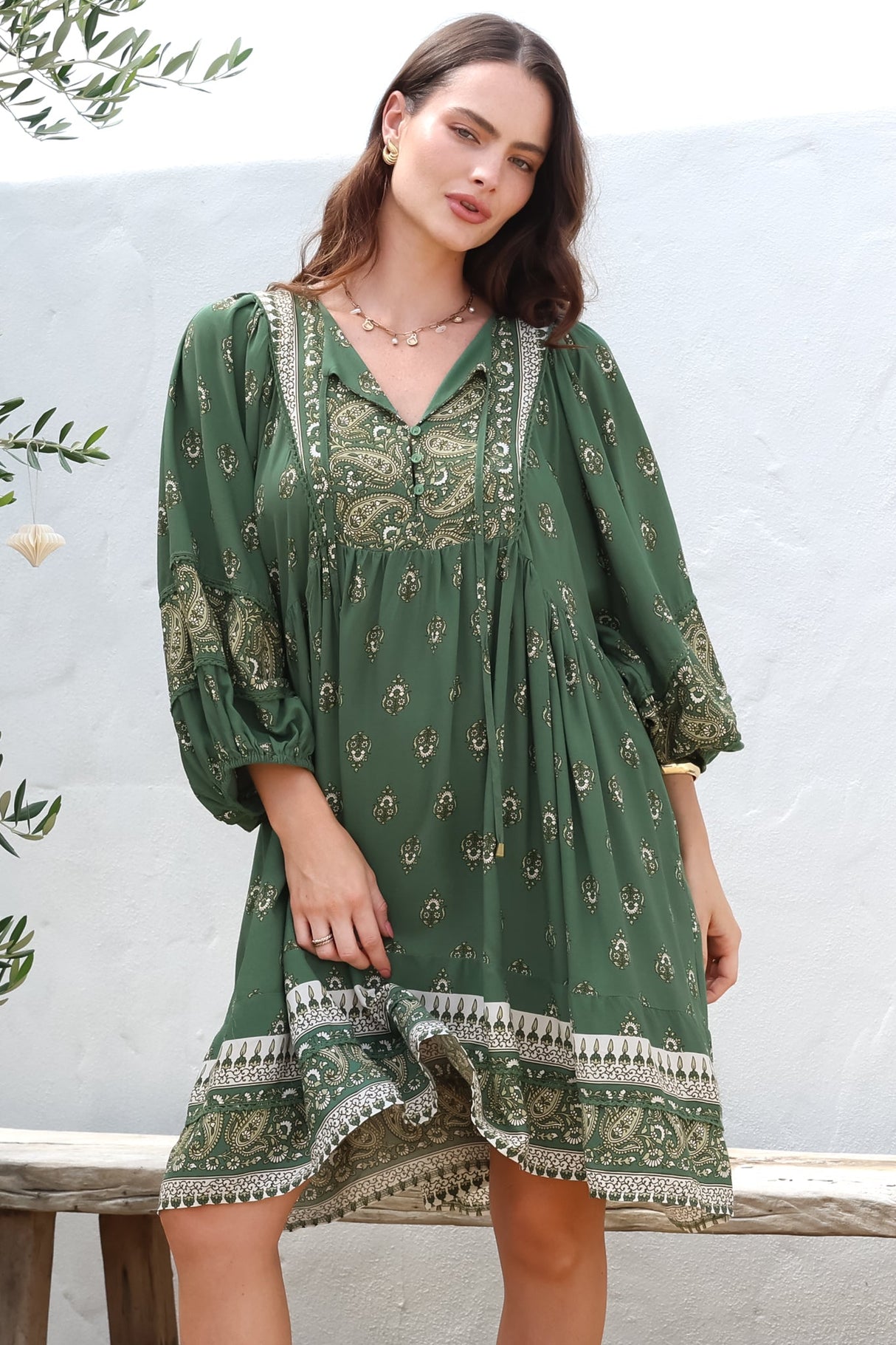 Adela Mini Dress - Oversized Smock Dress with Batwing Sleeves in Viridian Print