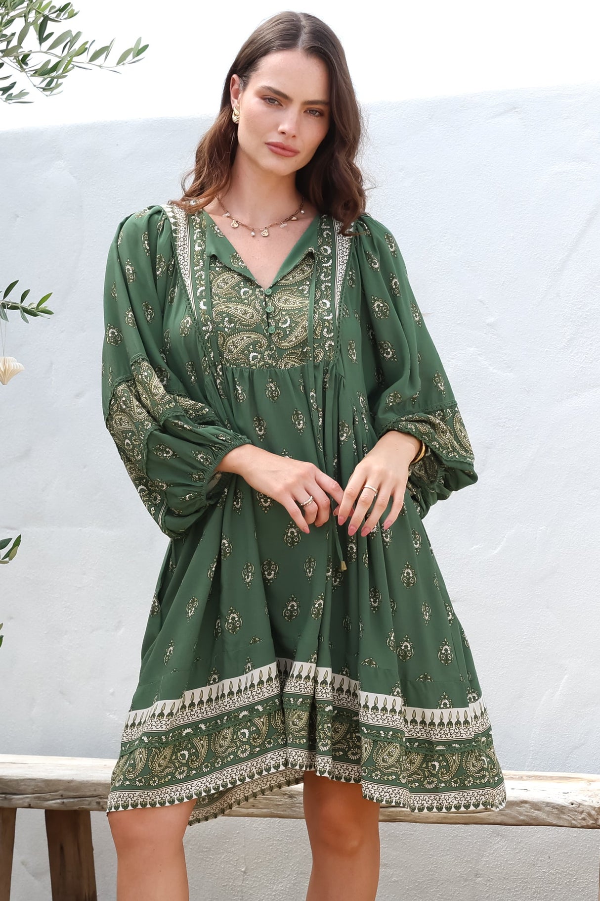 Adela Mini Dress - Oversized Smock Dress with Batwing Sleeves in Viridian Print