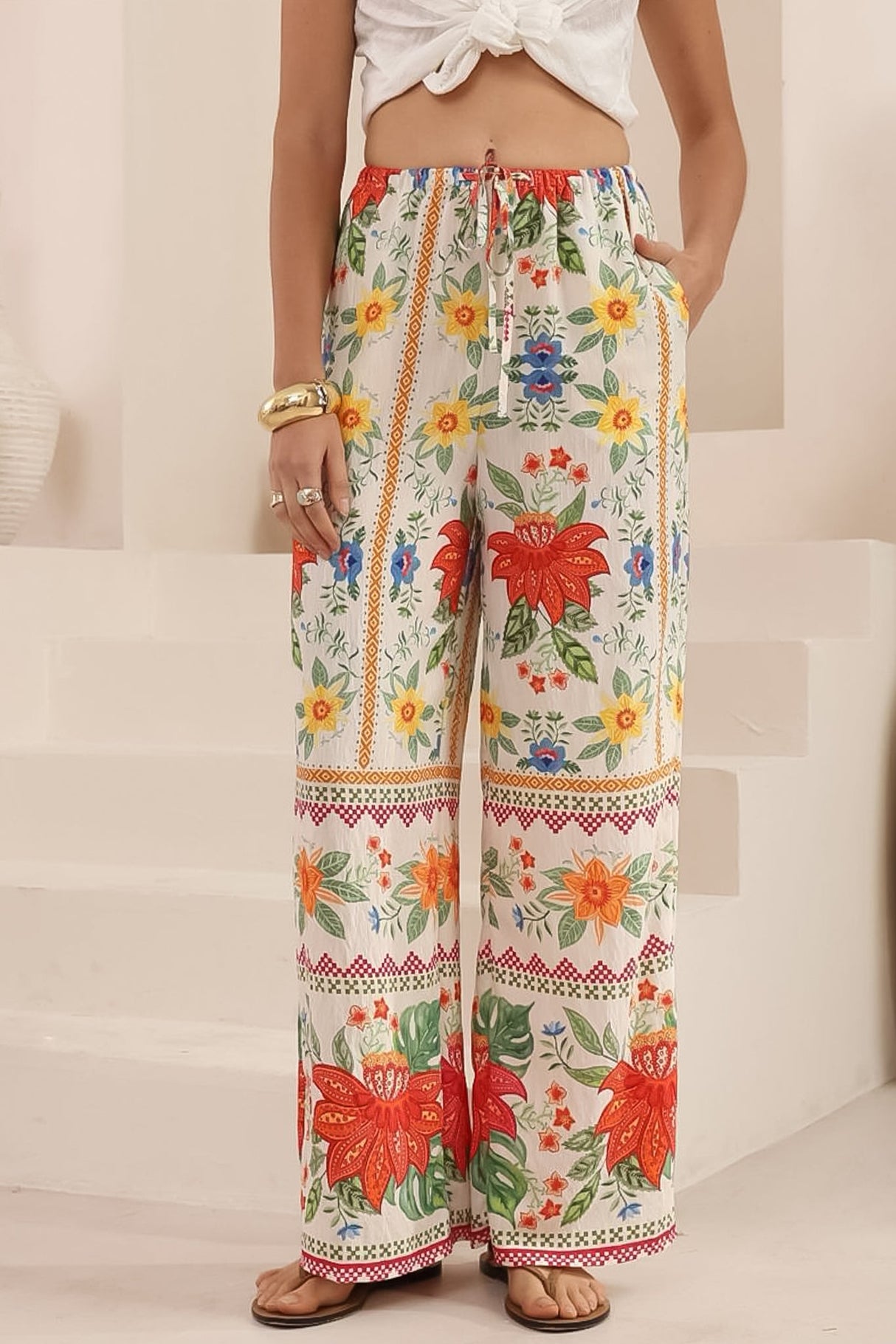 Adelaide Pants - Drawstring High Waisted Wide Leg Pant in Alma Print