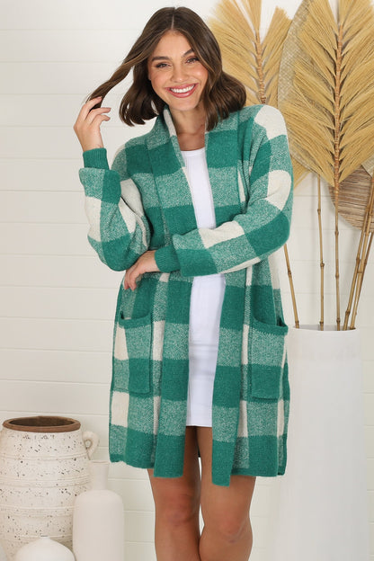 Adelen Cardigan - Folded Center Front Checkered Cardigan in Green