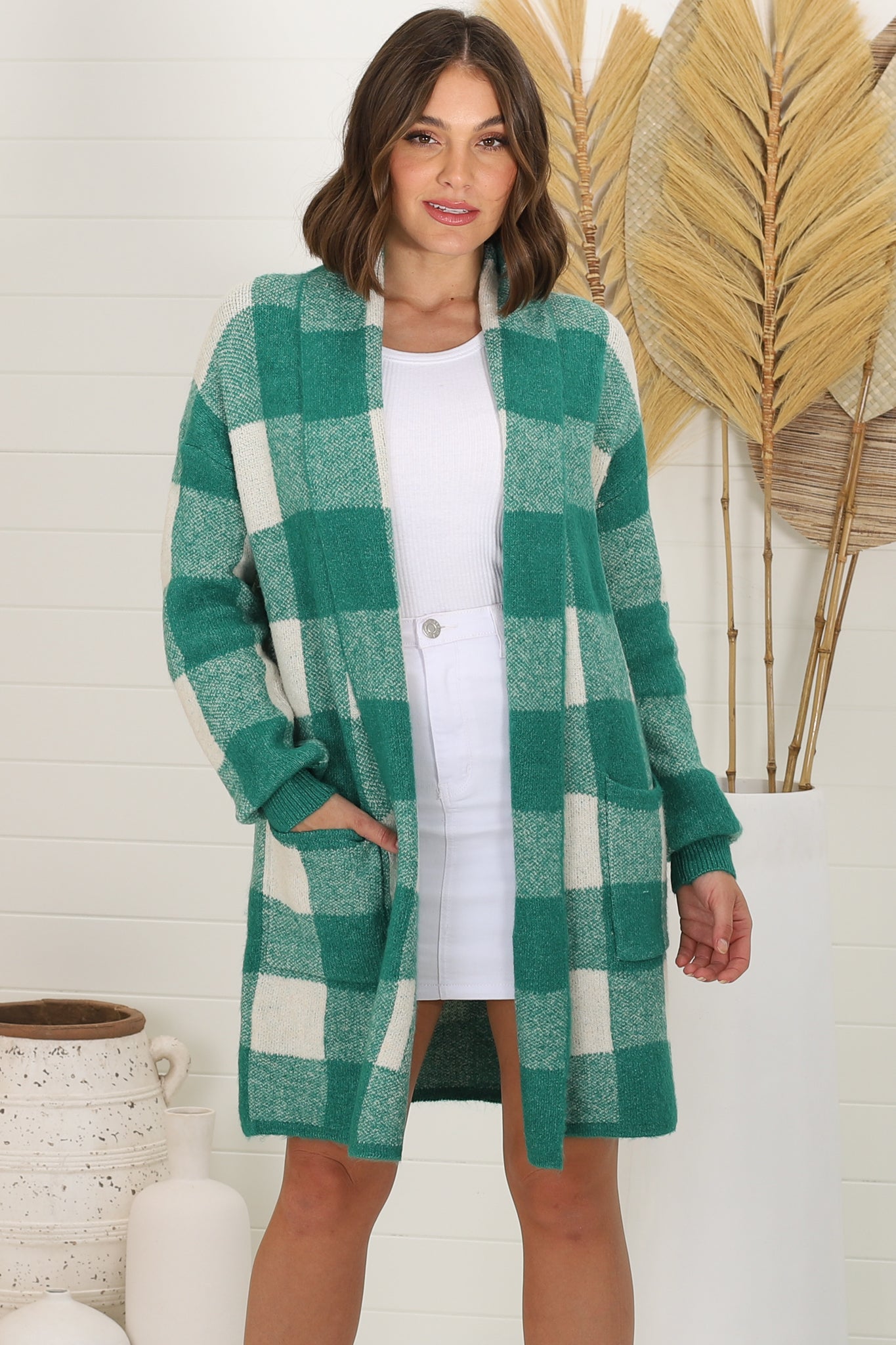 Adelen Cardigan - Folded Center Front Checkered Cardigan in Green