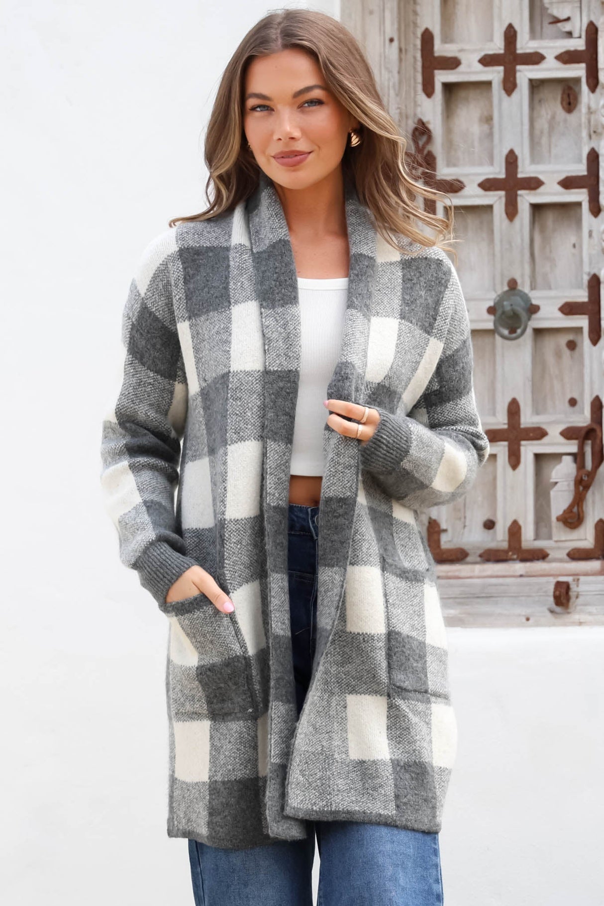 Adelen Cardigan - Folded Center Front Checkered Cardigan in Grey