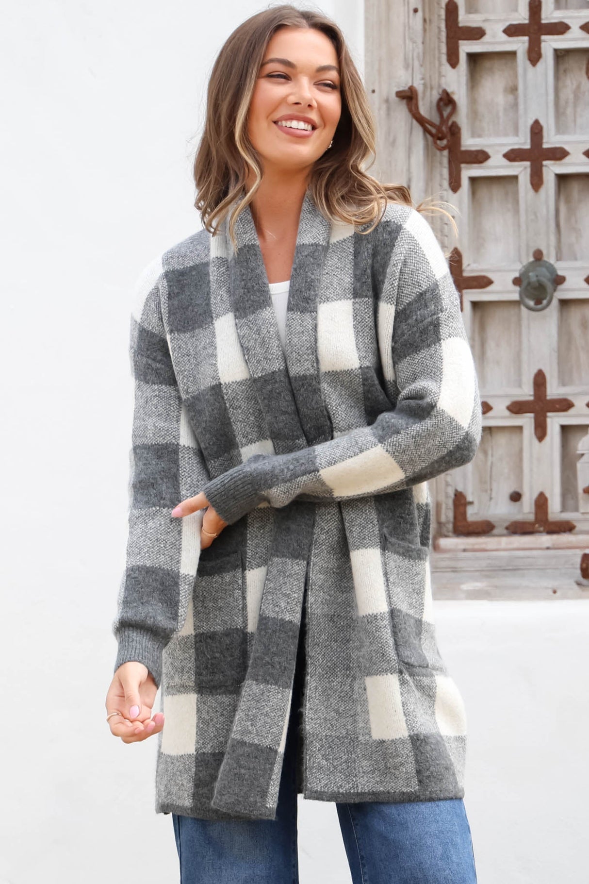 Adelen Cardigan - Folded Center Front Checkered Cardigan in Grey