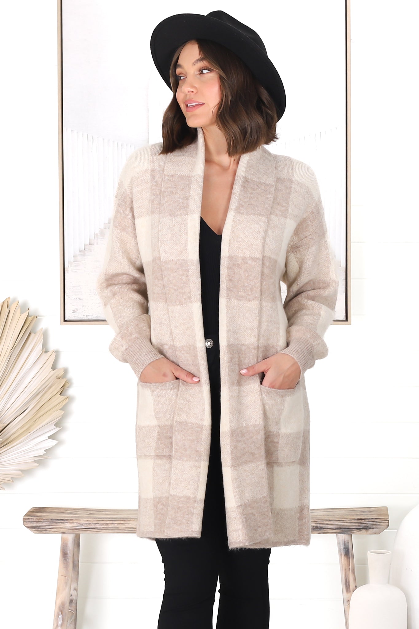Adelen Cardigan - Folded Center Front Checkered Cardigan in Sand