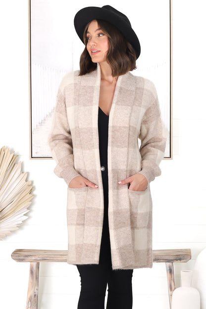 Adelen Cardigan - Folded Center Front Checkered Cardigan in Sand