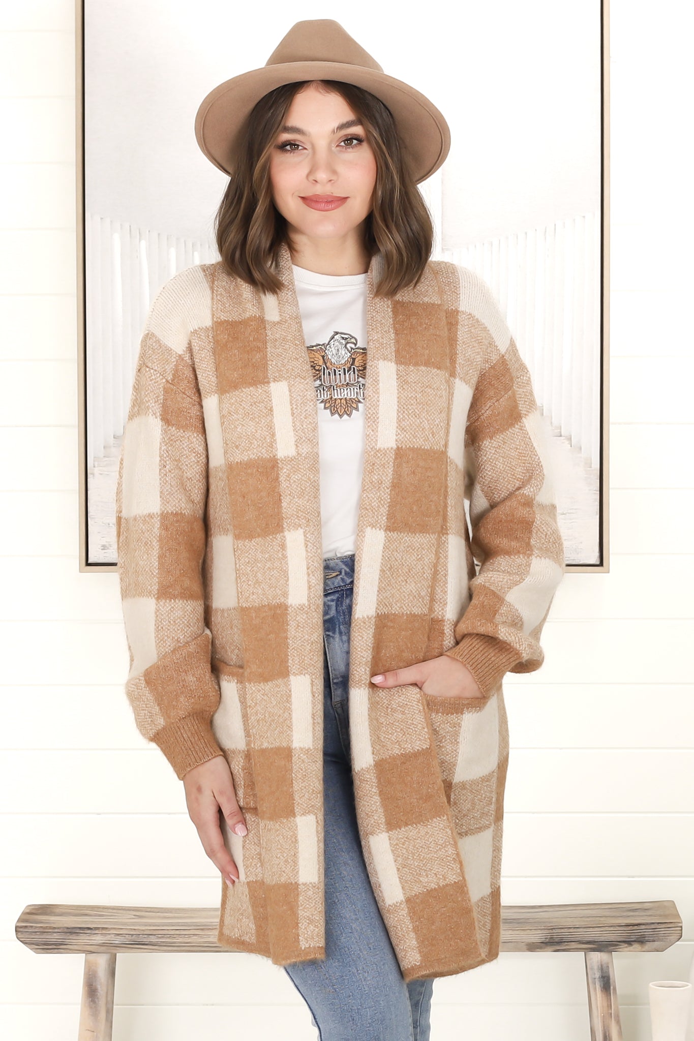 Adelen Cardigan - Folded Center Front Checkered Cardigan in Tan