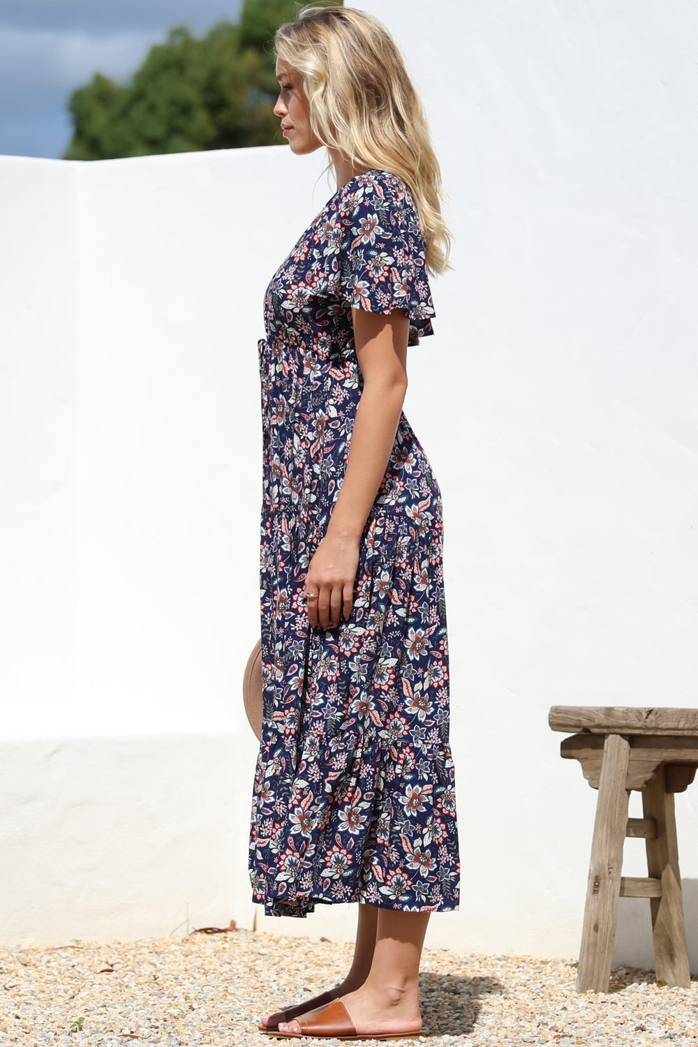 Adhira Maxi Dress - Buttoned Bodice A Line Dress With Flute Sleeves In Marla Print Navy
