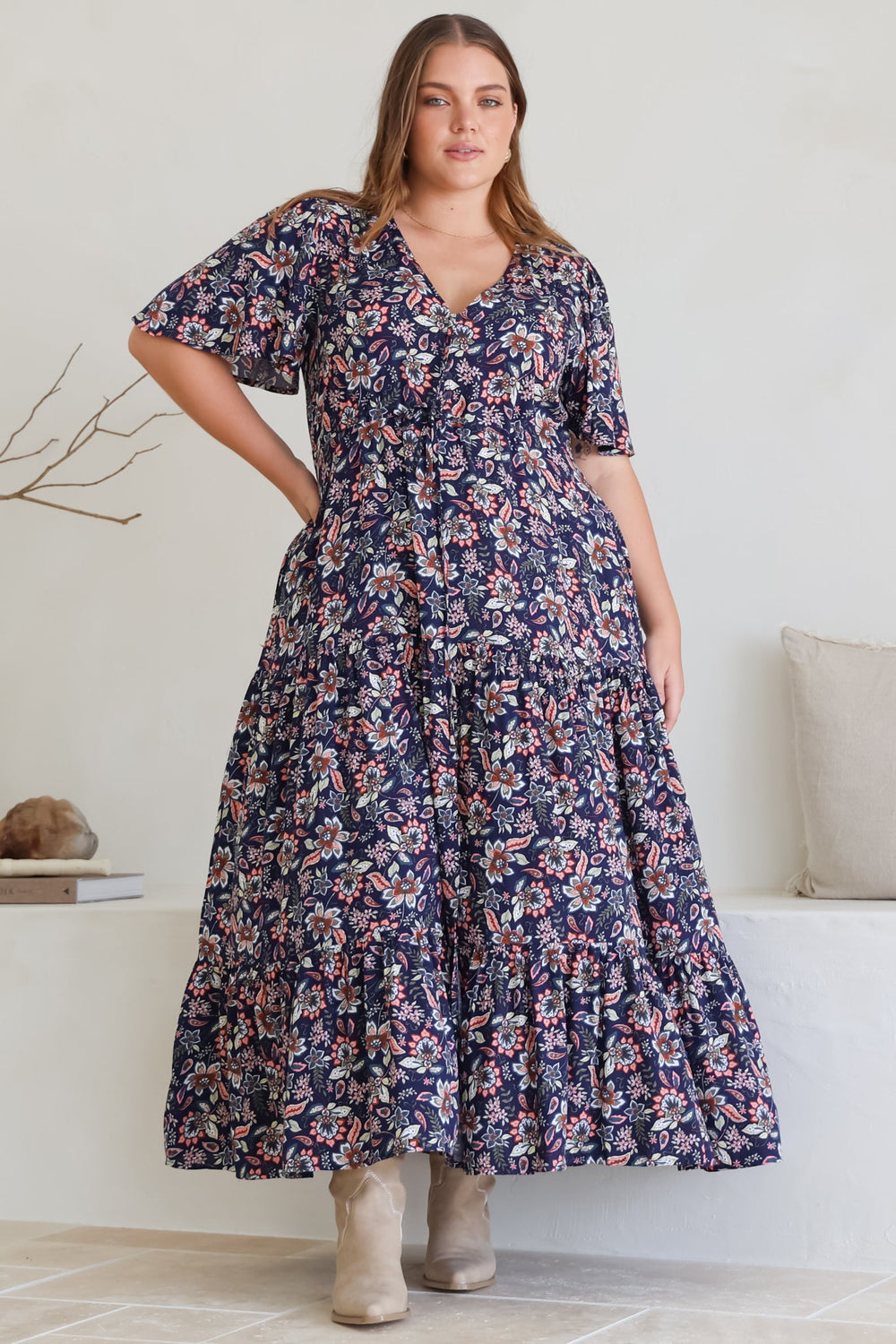 Adhira Maxi Dress - Buttoned Bodice A Line Dress With Flute Sleeves In Marla Print Navy