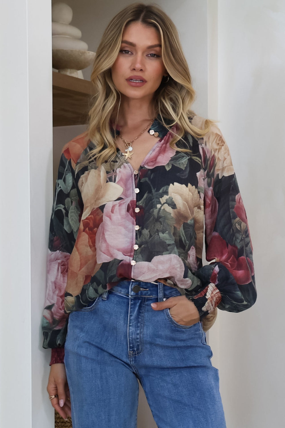 Adora Top - Mandarin Collar Button-Down with Long Balloon Sleeves in Annalisa Print