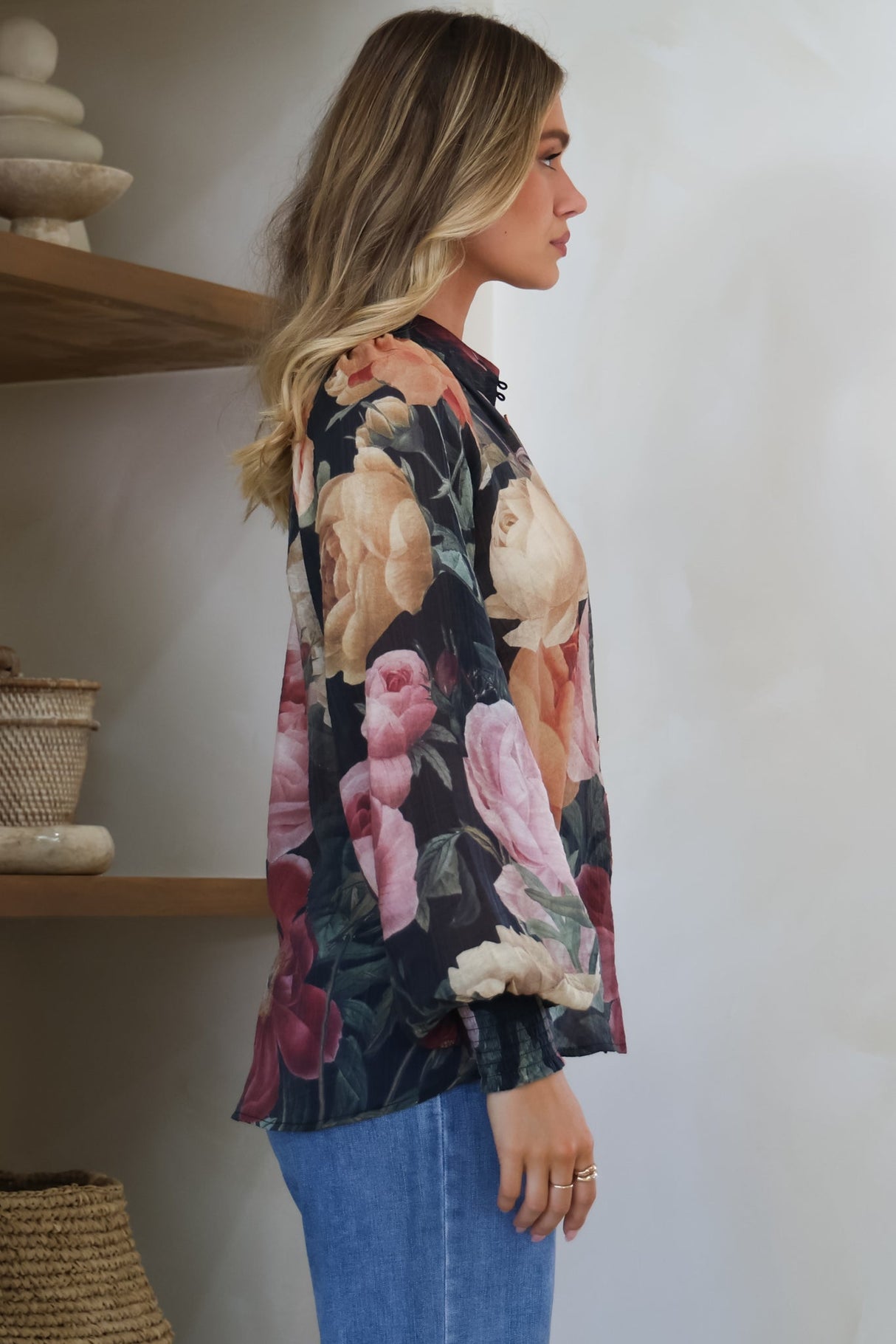 Adora Top - Mandarin Collar Button-Down with Long Balloon Sleeves in Annalisa Print