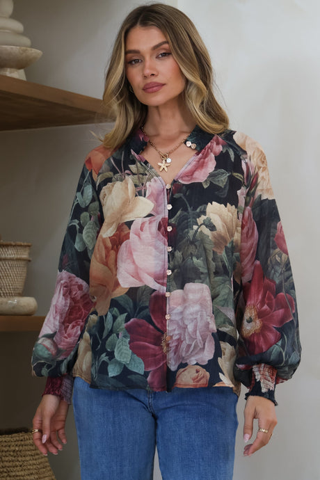 Adora Top - Mandarin Collar Button-Down with Long Balloon Sleeves in Annalisa Print