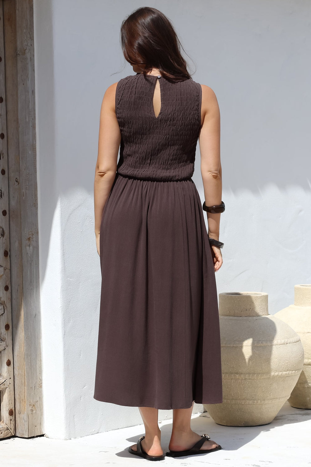 Adrian Midi Dress - Sleeveless Shirred Bodice A-Line Dress in Chocolate