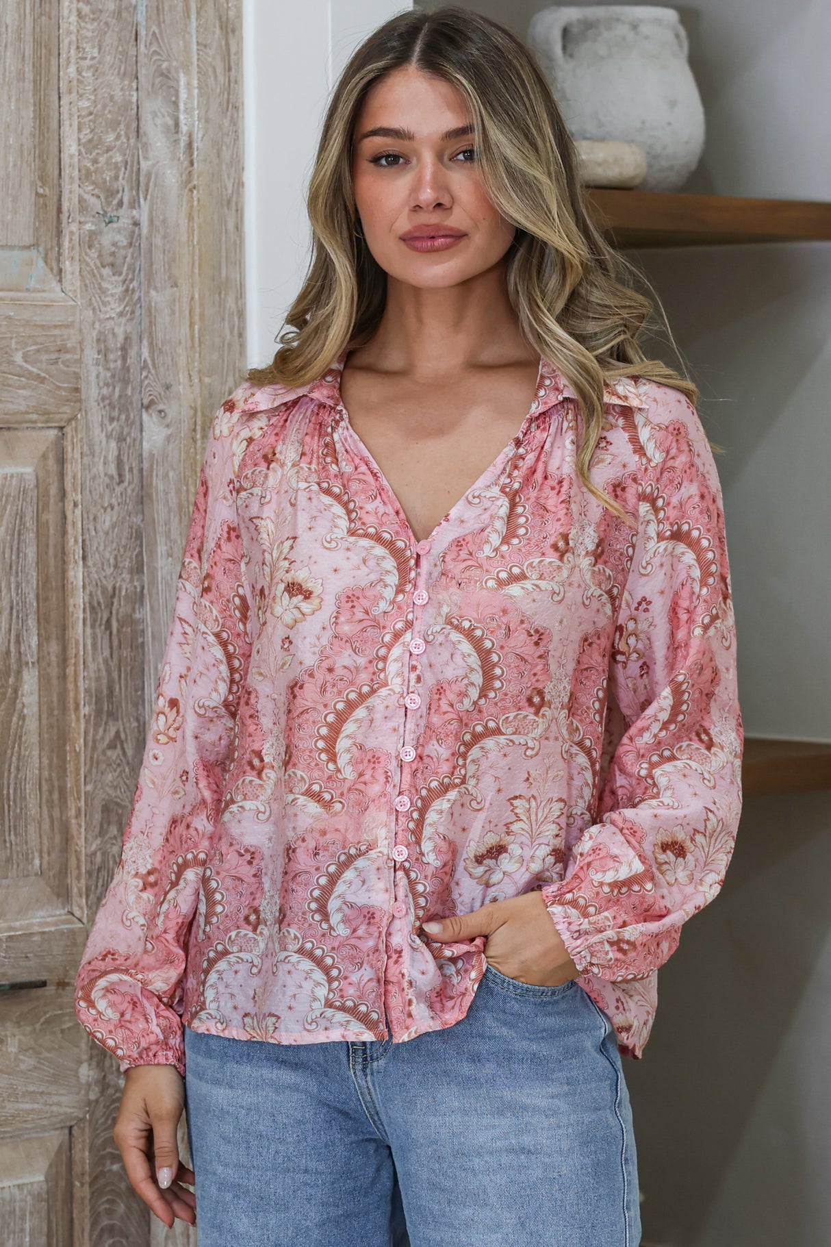 Akri Blouse - Wing Collar Button Down with Long Sleeves in Delta Print