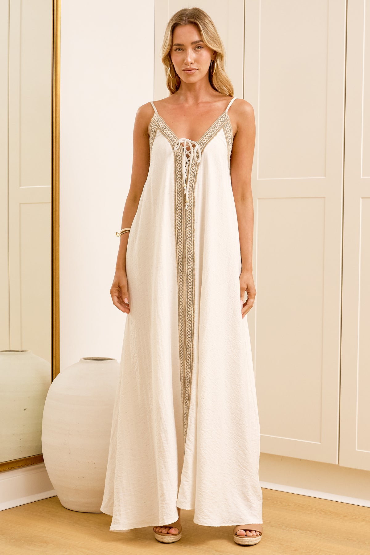 Alani Maxi Dress - V Neck Spaghetti Strap Trapeze Dress in Cream