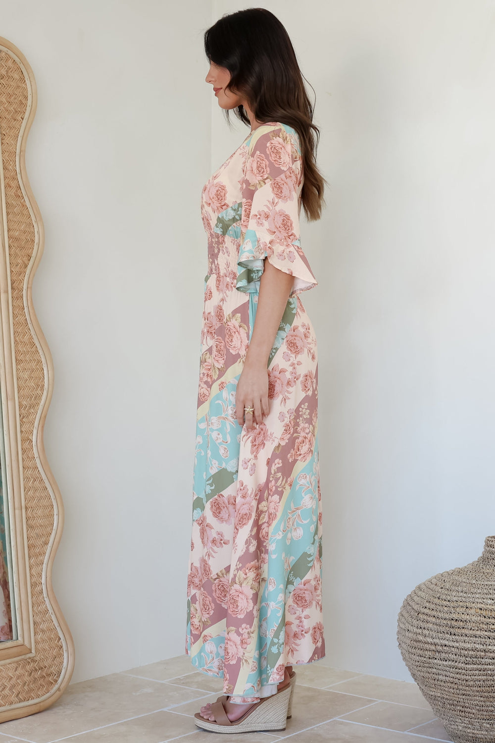 Alba Maxi Dress - Buttoned Bodice A Line Dress With Flute Sleeves In Clavelle Print