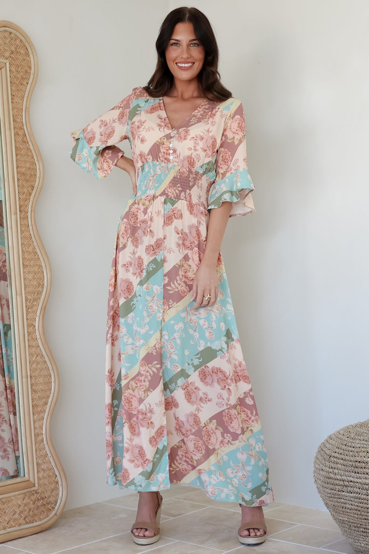 Alba Maxi Dress - Buttoned Bodice A Line Dress With Flute Sleeves In Clavelle Print