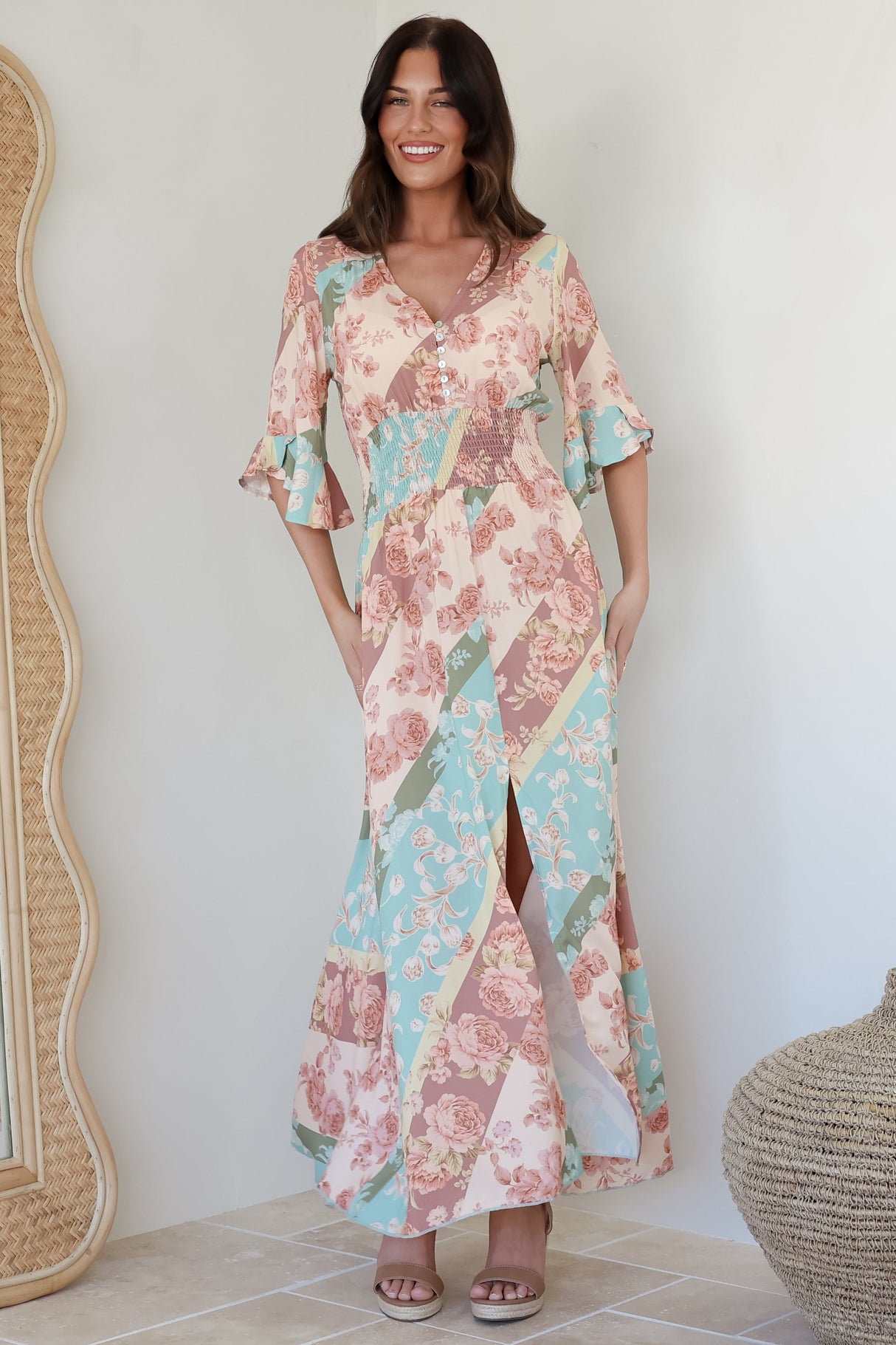 Alba Maxi Dress - Buttoned Bodice A Line Dress With Flute Sleeves In Clavelle Print