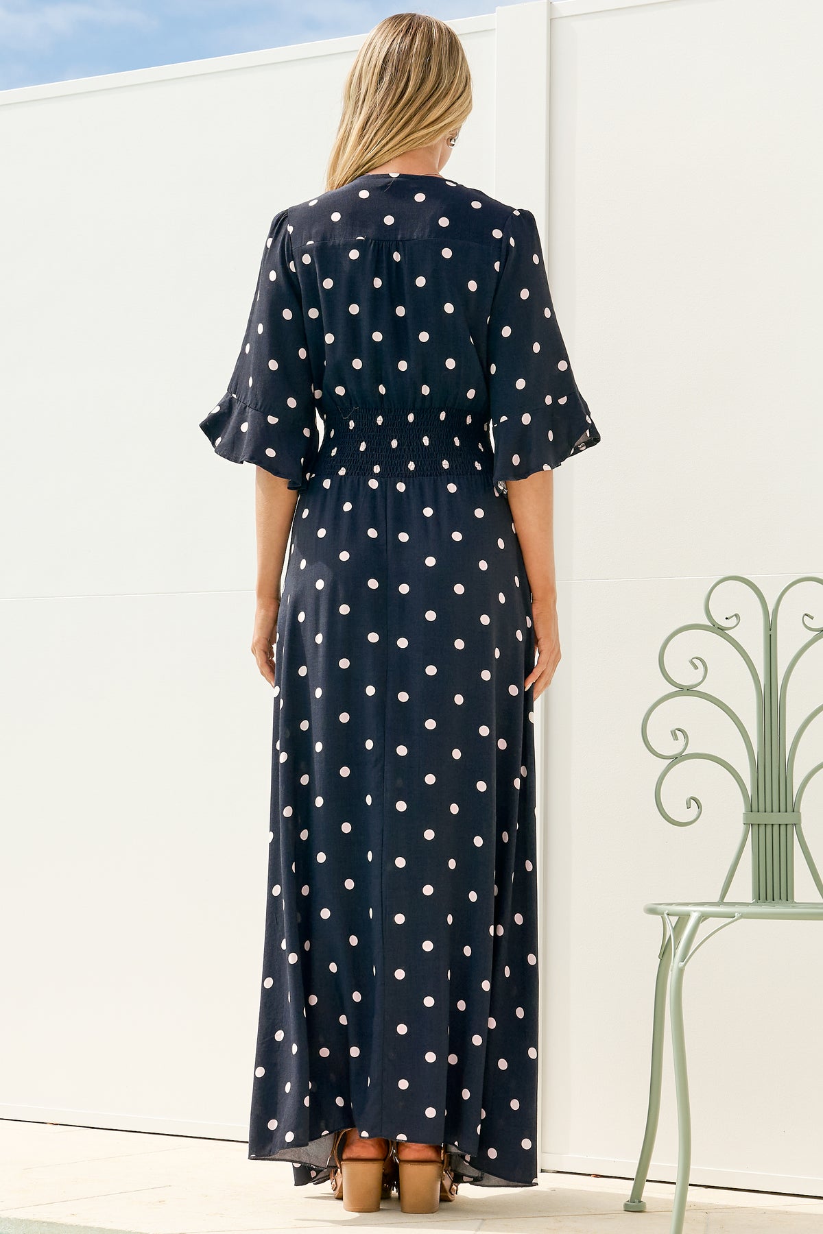 Alba Maxi Dress - Buttoned Bodice A Line Dress in Parisian Polka Navy