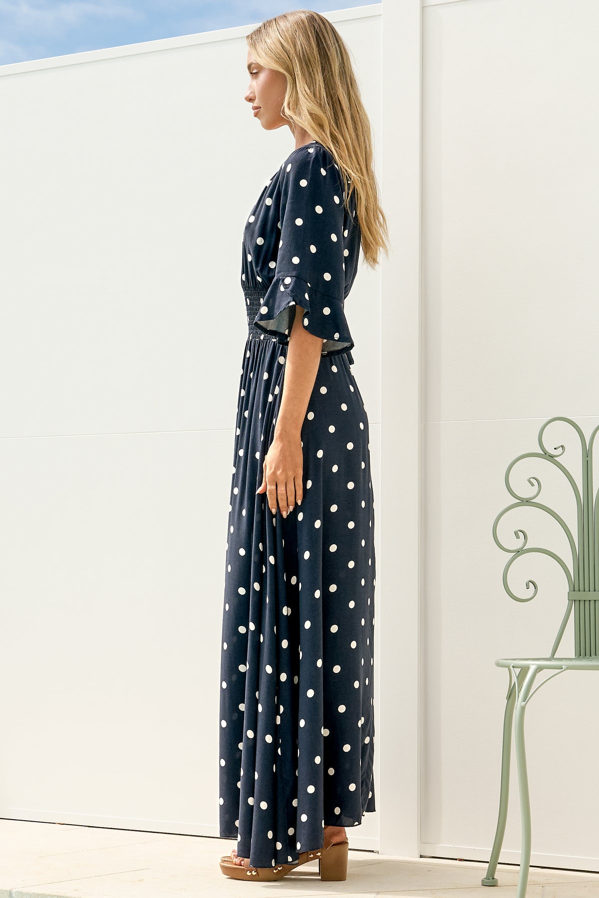 Alba Maxi Dress - Buttoned Bodice A Line Dress in Parisian Polka Navy