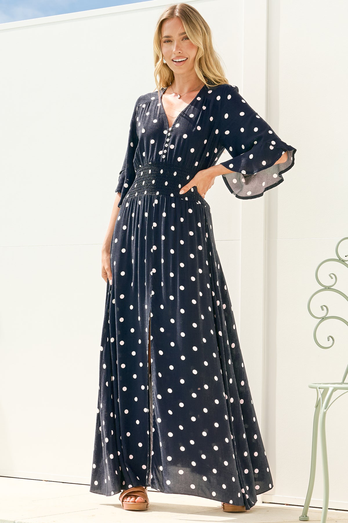 Alba Maxi Dress - Buttoned Bodice A Line Dress in Parisian Polka Navy