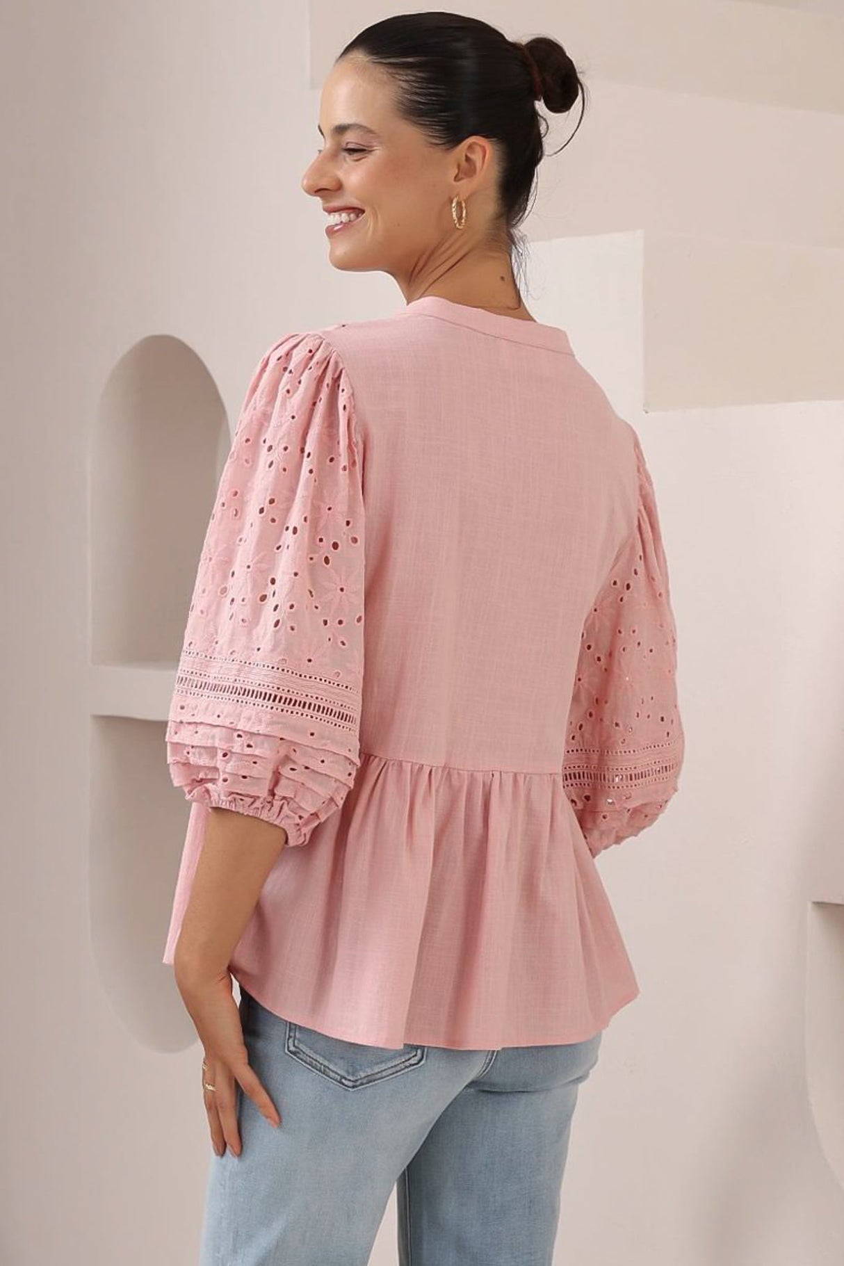 Alberta Blouse - Mandarin Collar Cut Out Embelished Balloon Sleeve Top in Pink