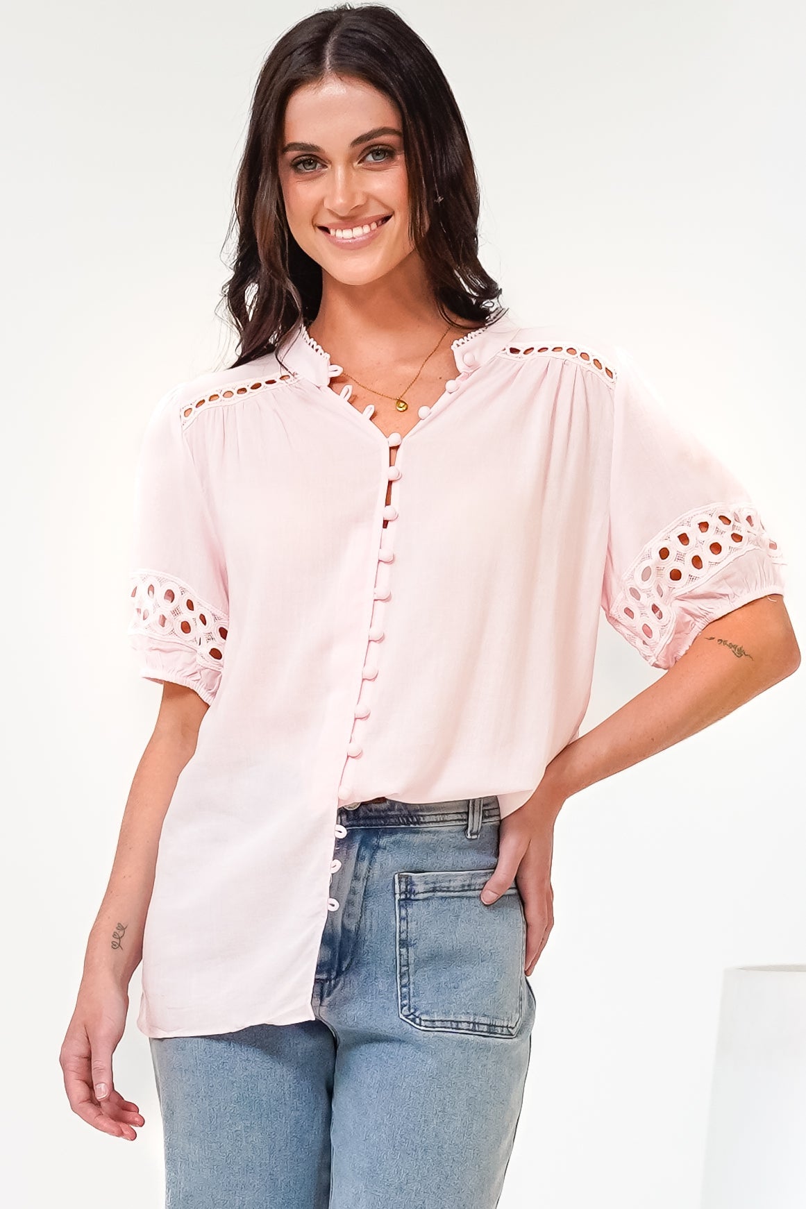 Alenna Shirt - Mandarin Collar Cut Out Detailed Short Sleeve Button Down in Pink