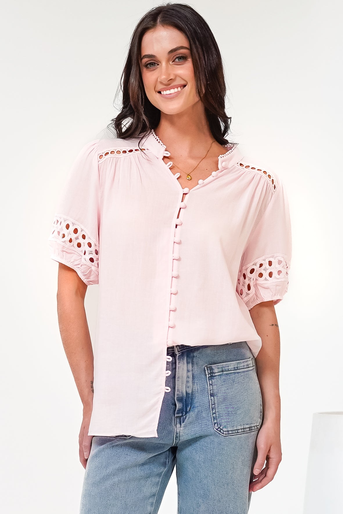 Alenna Shirt - Mandarin Collar Cut Out Detailed Short Sleeve Button Down in Pink