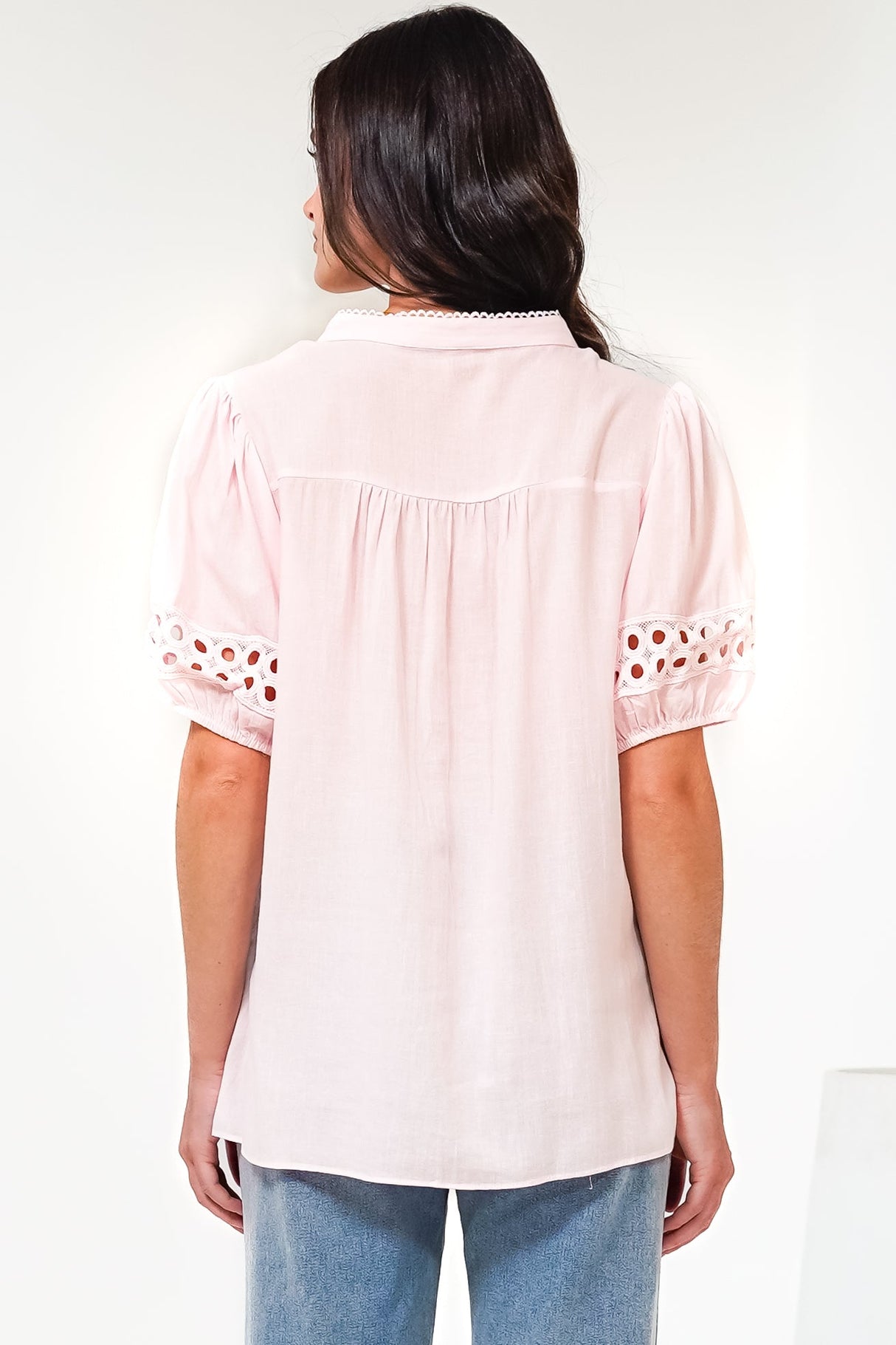Alenna Shirt - Mandarin Collar Cut Out Detailed Short Sleeve Button Down in Pink