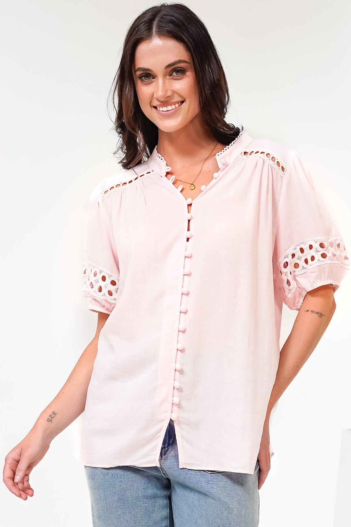 Alenna Shirt - Mandarin Collar Cut Out Detailed Short Sleeve Button Down in Pink